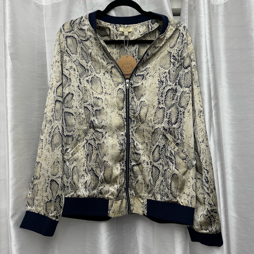 Kori America Snakeskin Full Zip Bomber Jacket Size Large Navy Lined Reptile NWT